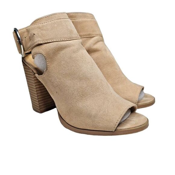 Express Womens Ankle Boot Mule Sandals Brown Faux Suede Side Zip High Heel Size - Picture 1 of 11